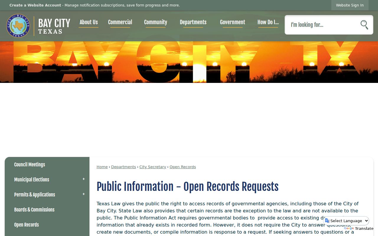 Bay City criminal records request page in Matagorda County