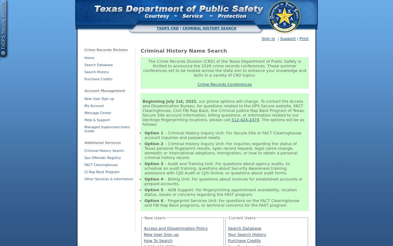 Matagorda County criminal history DPS search interface