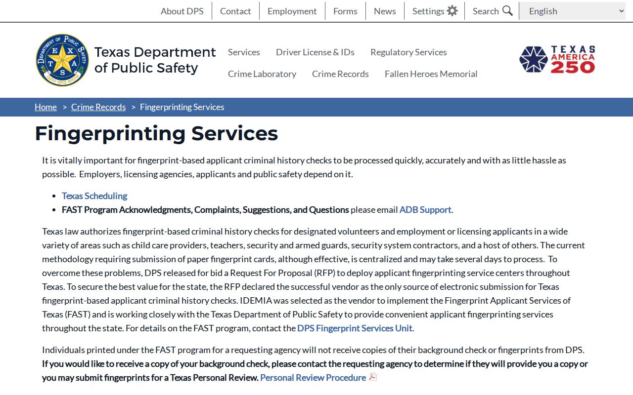 Matagorda County criminal history FAST fingerprint services